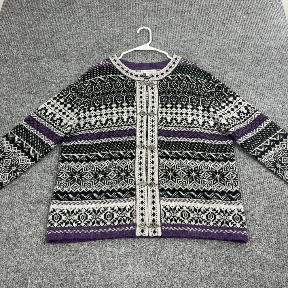 Telluride Clothing Co Cardigan Womens L Purple 100% Wool Fair Isle Nordic Clasp